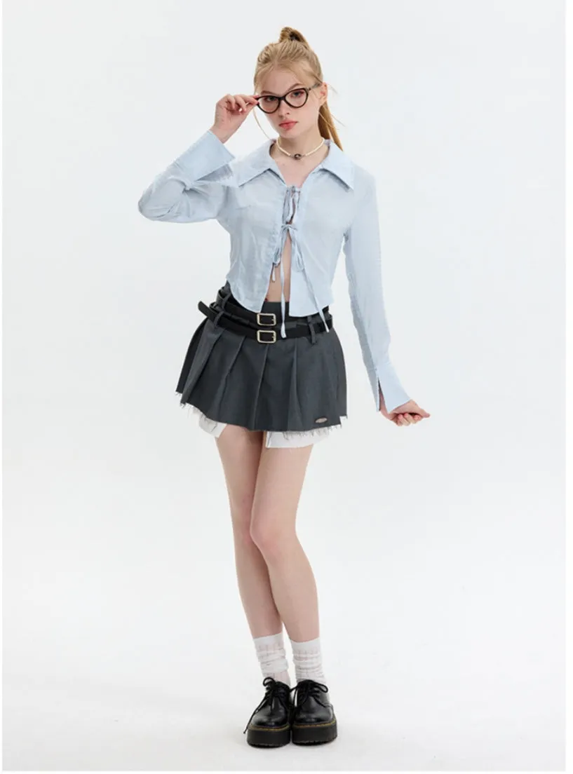 Lapel Lace Up Long Sleeve Shirt