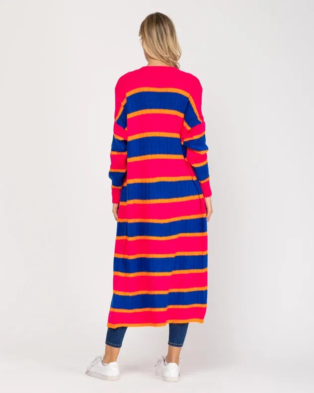 Long Open Knit Jacket With Stripes Fuchsia