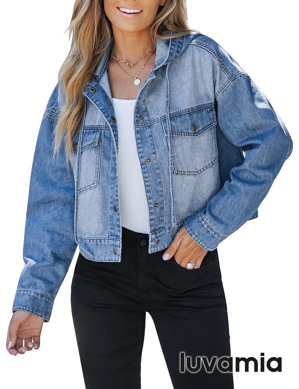 luvamia Denim Jacket for Women Hooded Lightweight Cropped Jean Jacket Oversized Button Down Shacket Trendy Fashion