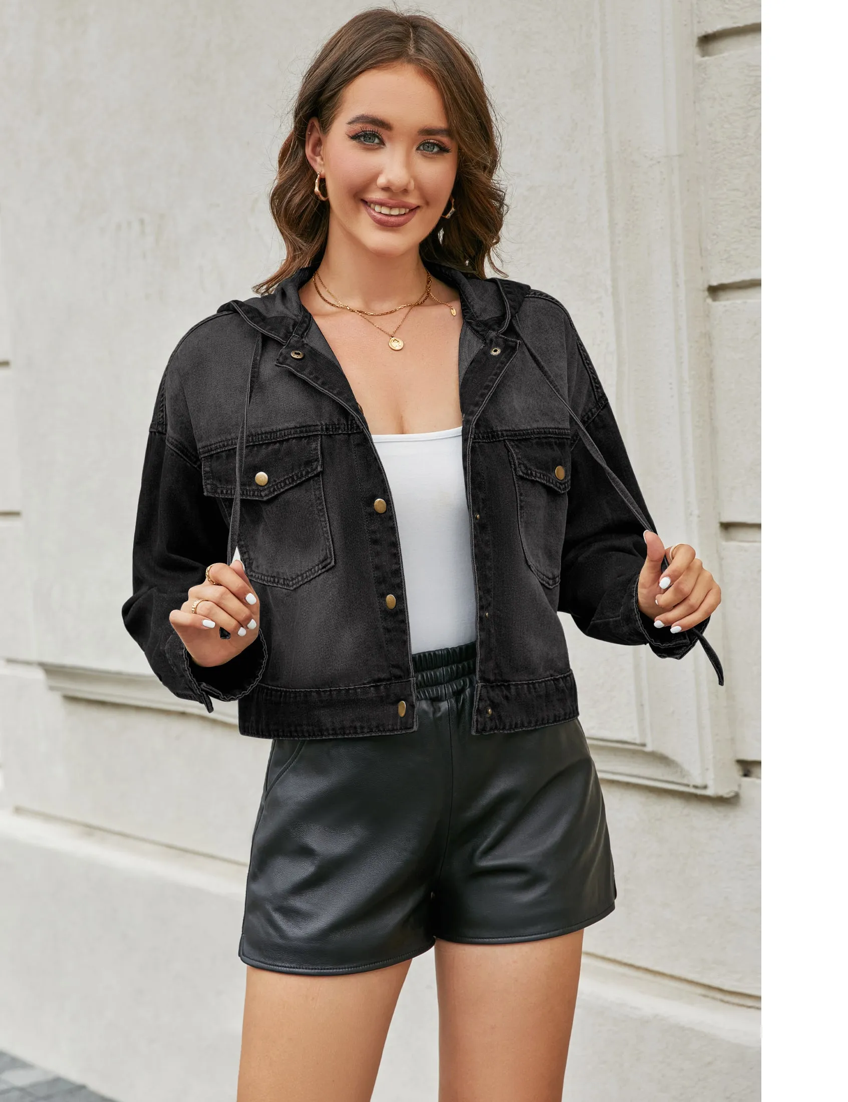 luvamia Denim Jacket for Women Hooded Lightweight Cropped Jean Jacket Oversized Button Down Shacket Trendy Fashion