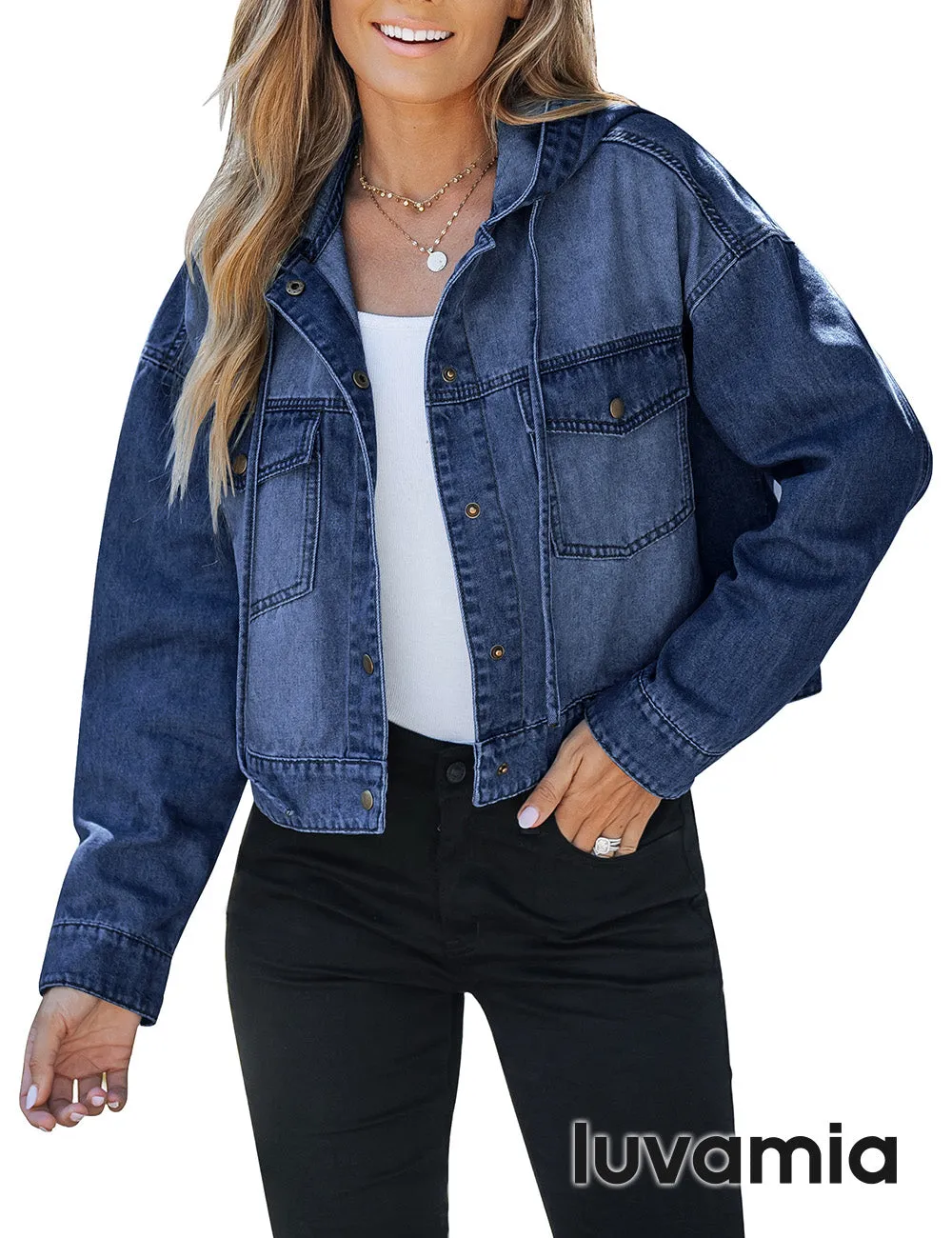 luvamia Denim Jacket for Women Hooded Lightweight Cropped Jean Jacket Oversized Button Down Shacket Trendy Fashion