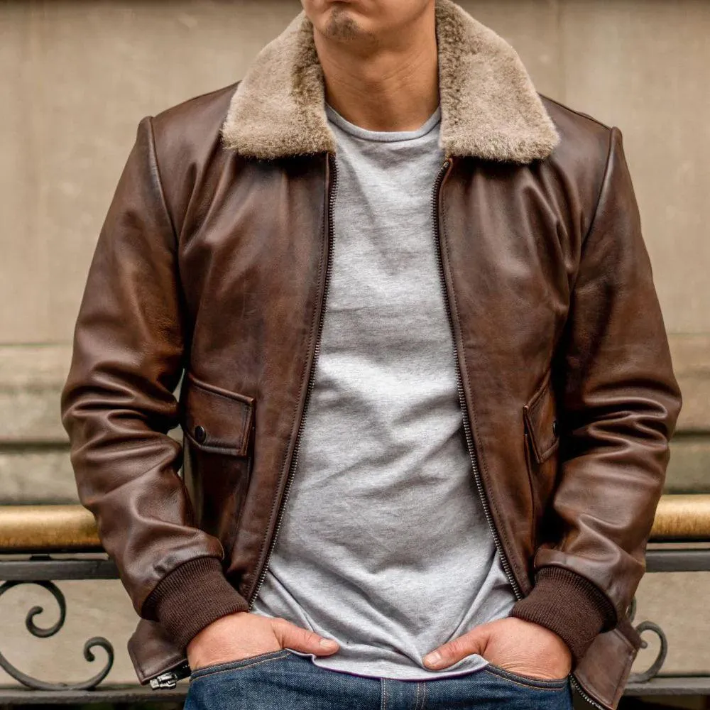 Men's Genuine Leather G-1 Flight Bomber Jacket in Chocolate Brown