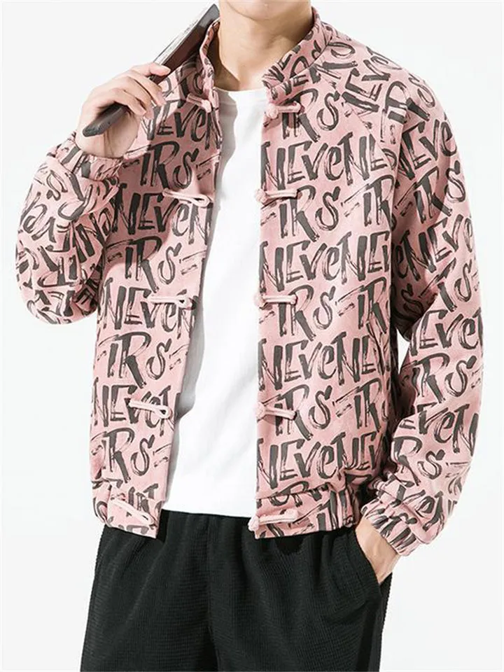 Men's Trendy All-Over Letter Print Short Faux Suede Jacket