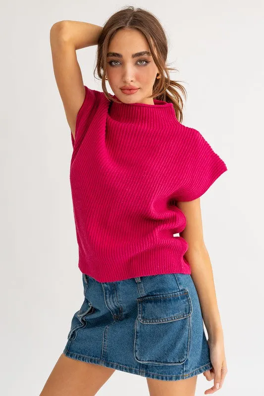 Mock Turtle Neck Cap Sleeve Sweater Vest