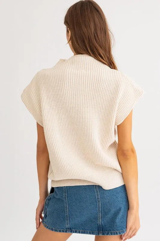 Mock Turtle Neck Cap Sleeve Sweater Vest