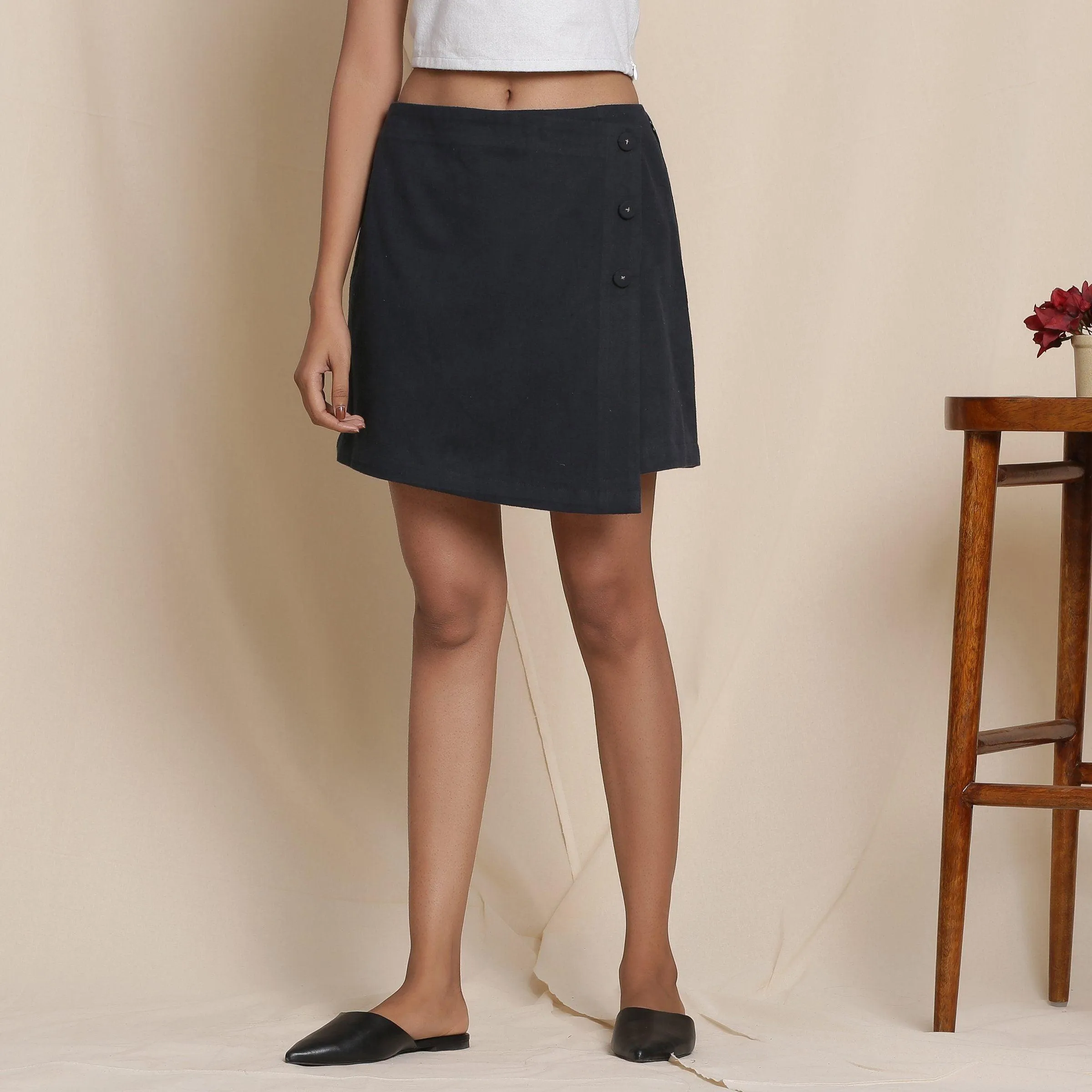 Moonlight Black Warm Cotton Flannel Short Overlap Skirt