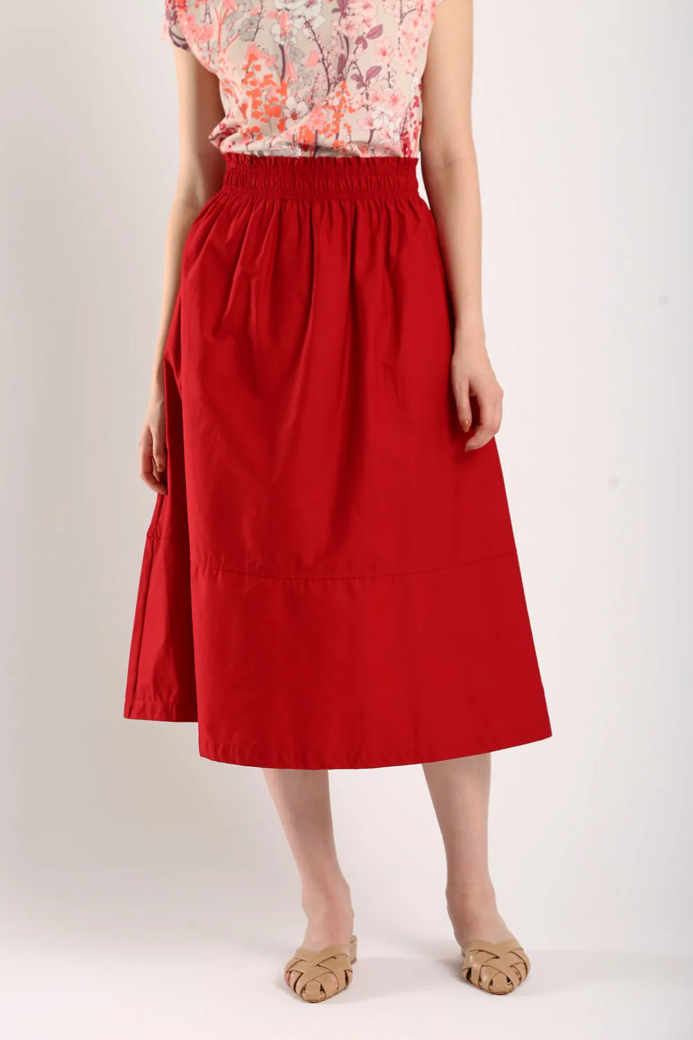 Naura Cotton Elasticized Waistband A-Line Skirts in Red