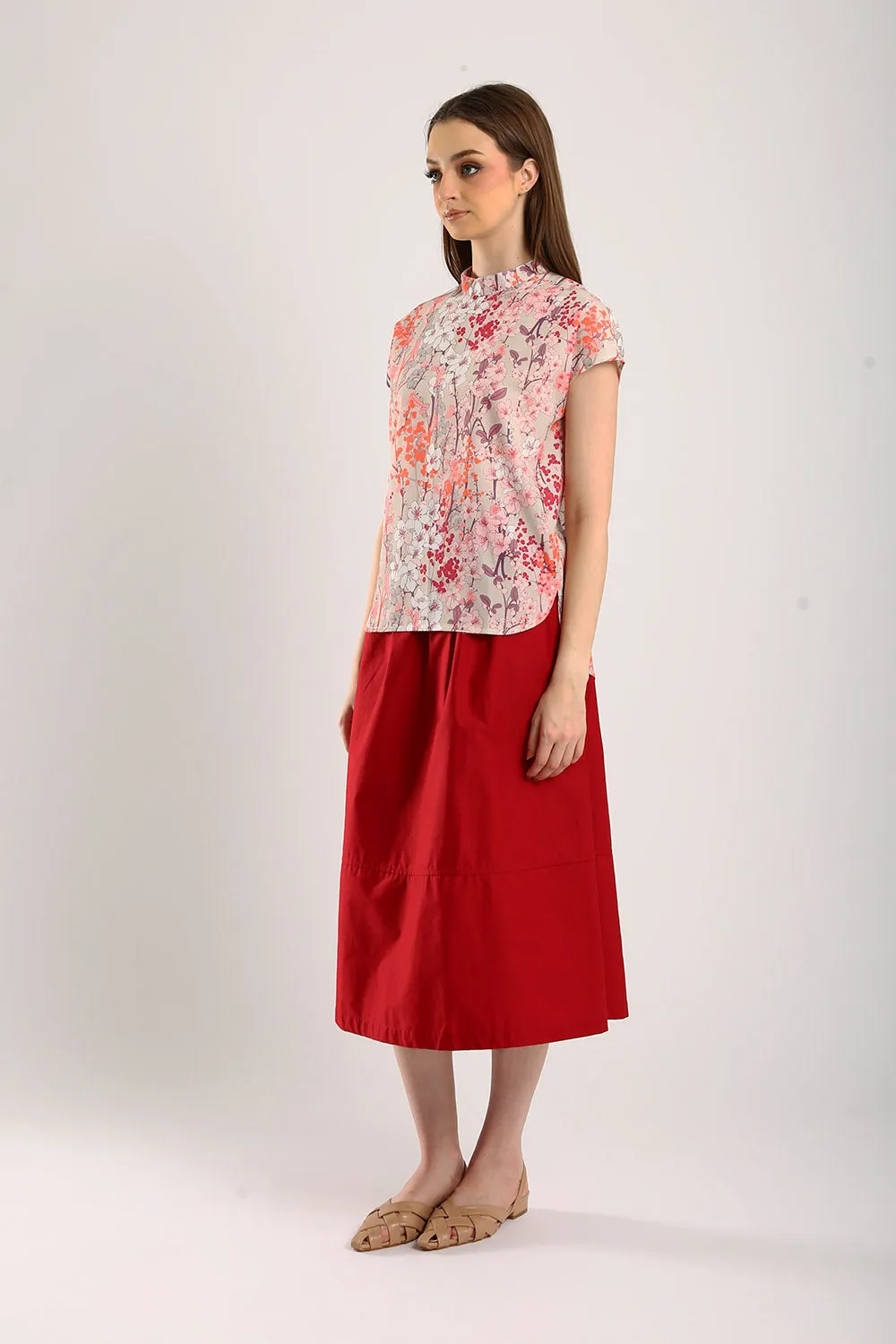 Naura Cotton Elasticized Waistband A-Line Skirts in Red