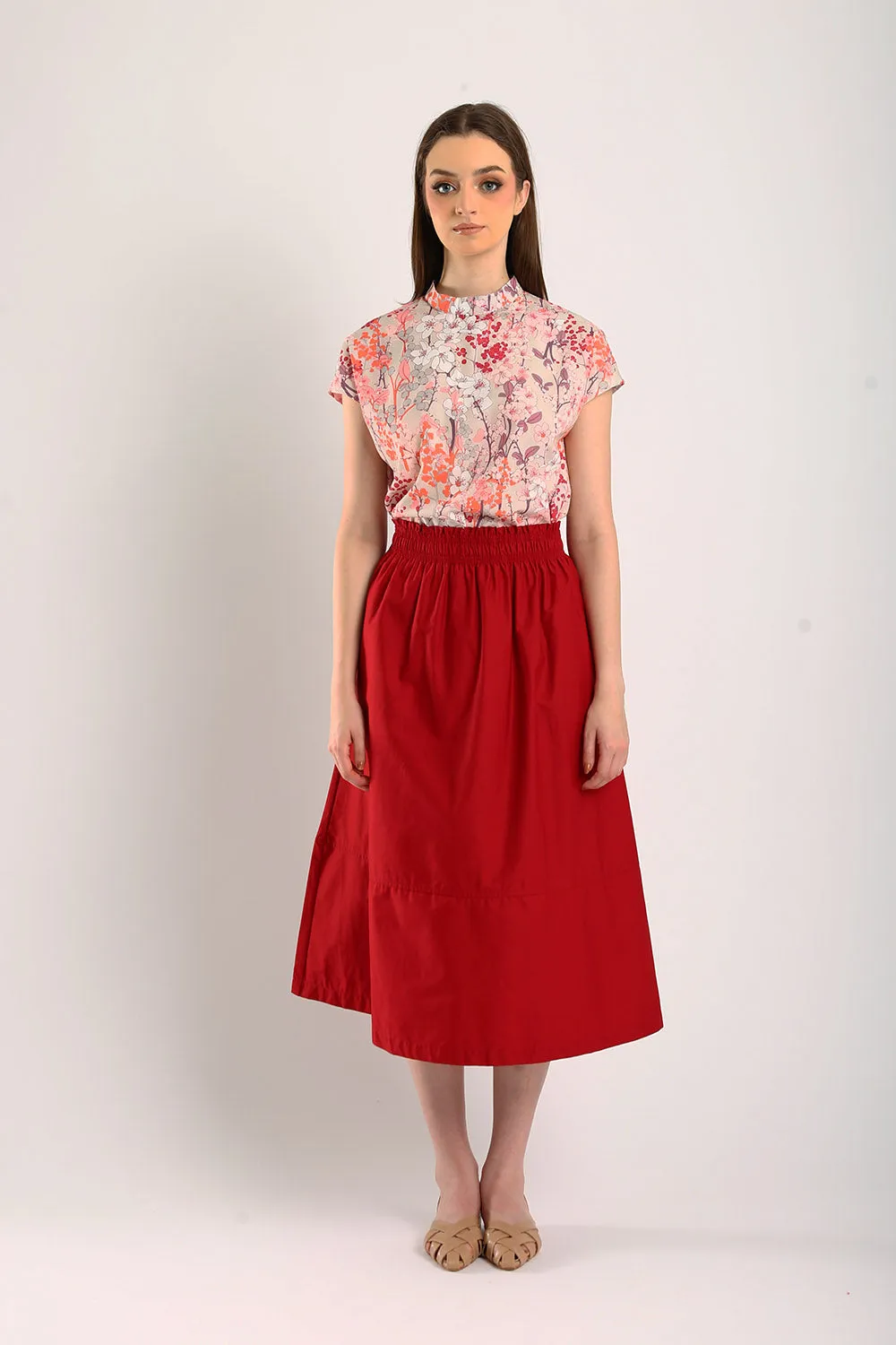 Naura Cotton Elasticized Waistband A-Line Skirts in Red