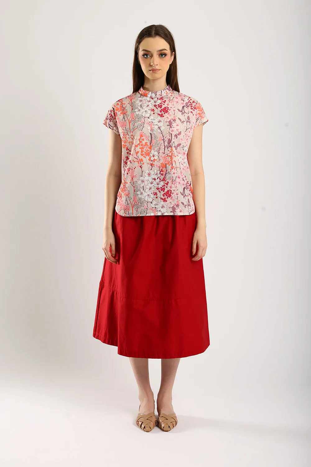 Naura Cotton Elasticized Waistband A-Line Skirts in Red