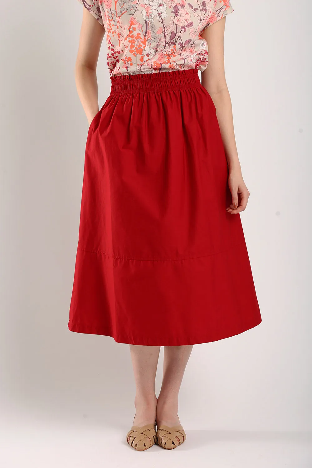 Naura Cotton Elasticized Waistband A-Line Skirts in Red