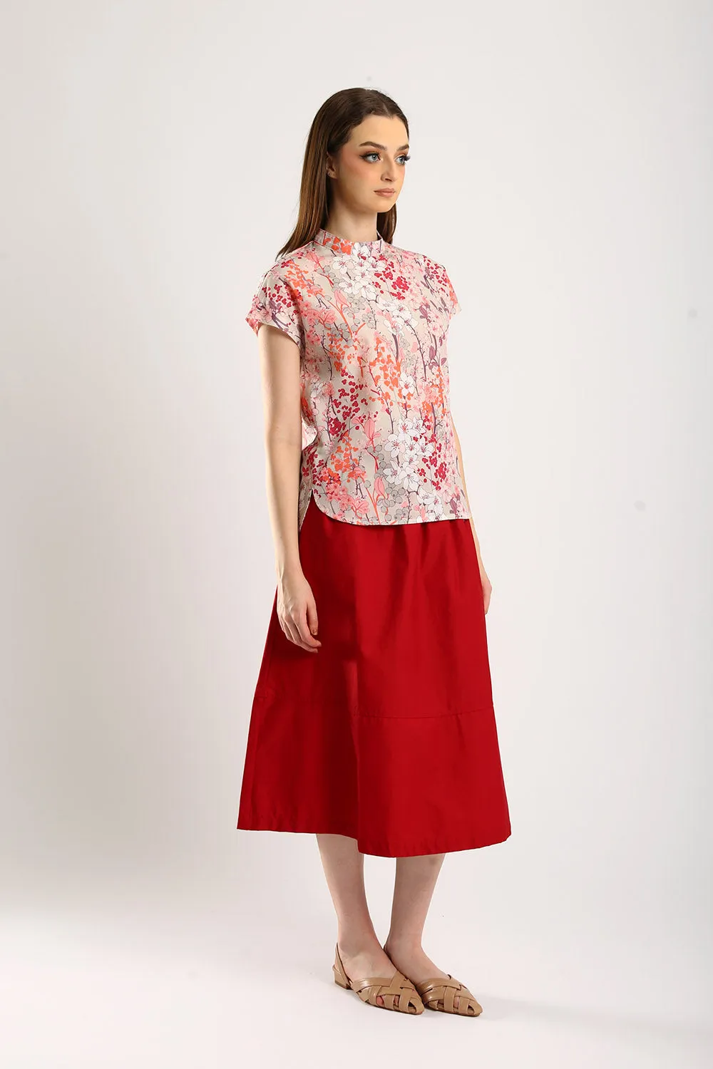 Naura Cotton Elasticized Waistband A-Line Skirts in Red