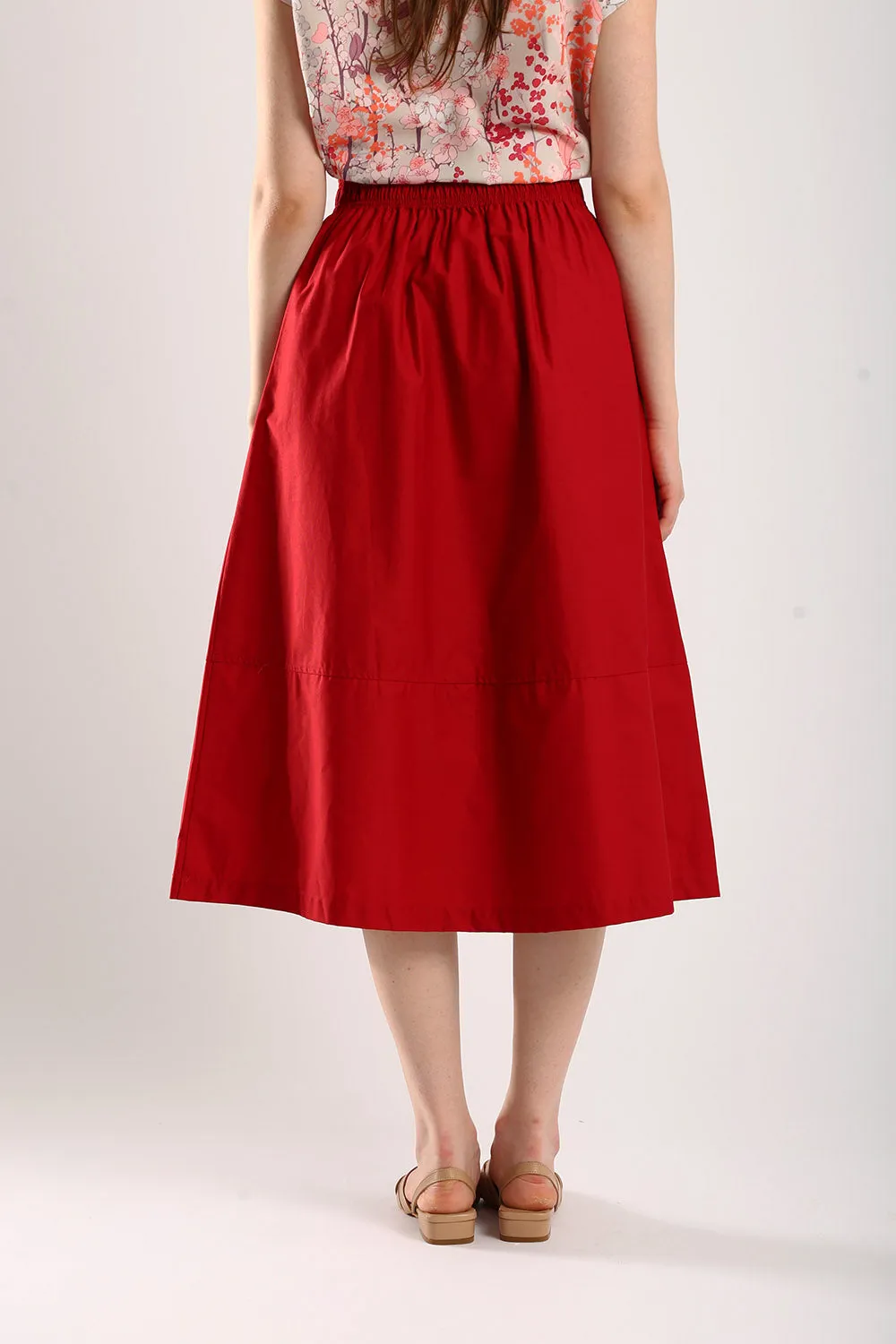 Naura Cotton Elasticized Waistband A-Line Skirts in Red