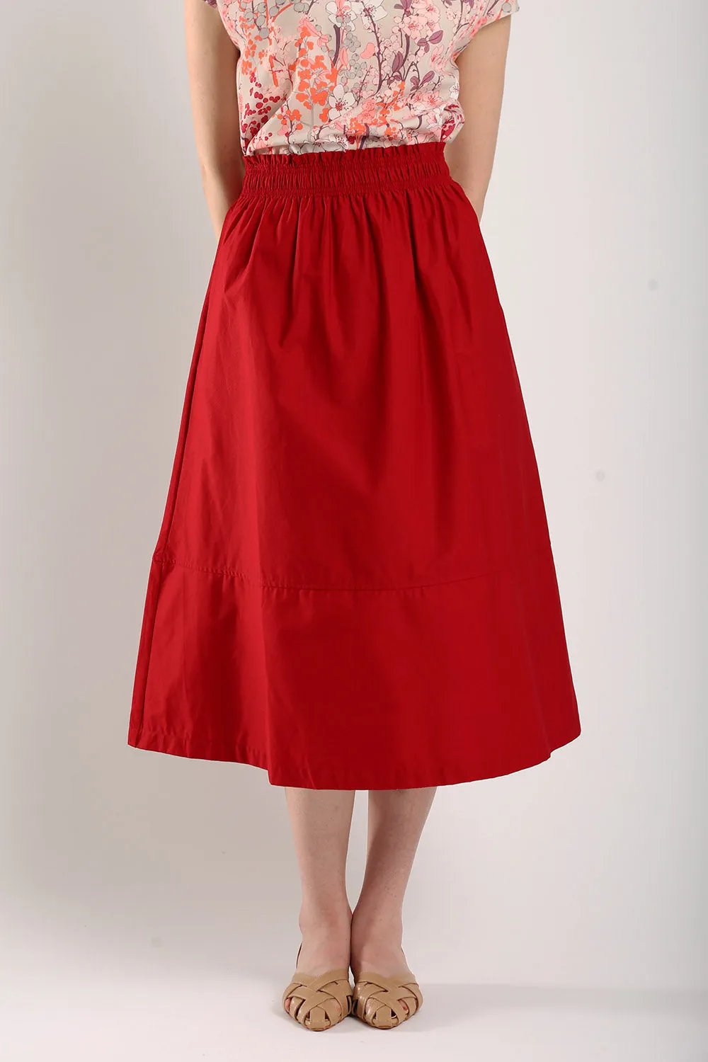 Naura Cotton Elasticized Waistband A-Line Skirts in Red