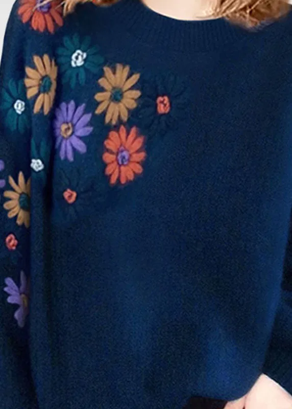 Plus Size Blue O-Neck Floral Embroideried Wool Sweaters Winter