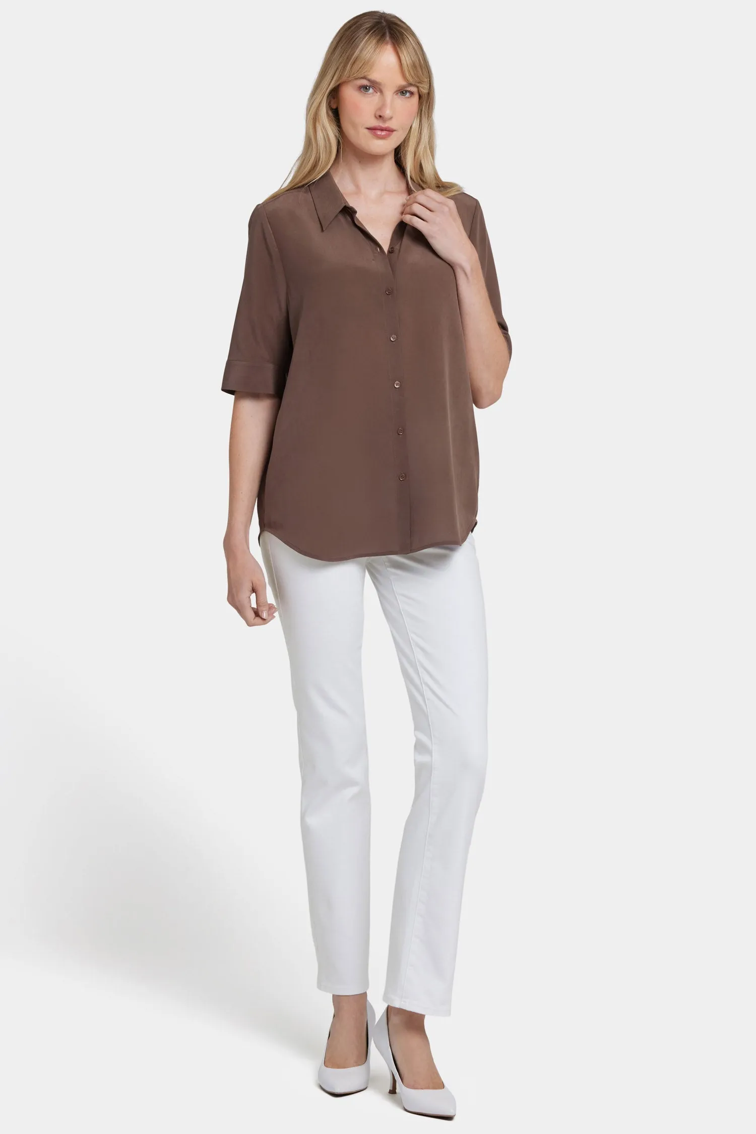 Riley Silk Elbow Sleeved Blouse - Coffee Bean