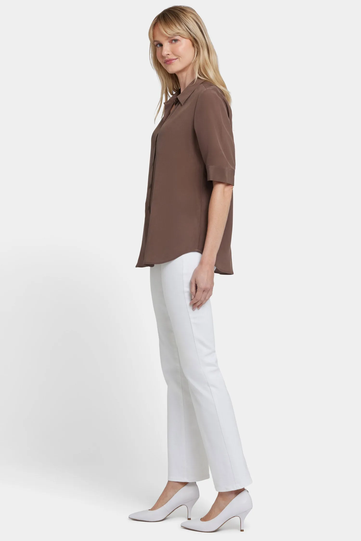 Riley Silk Elbow Sleeved Blouse - Coffee Bean