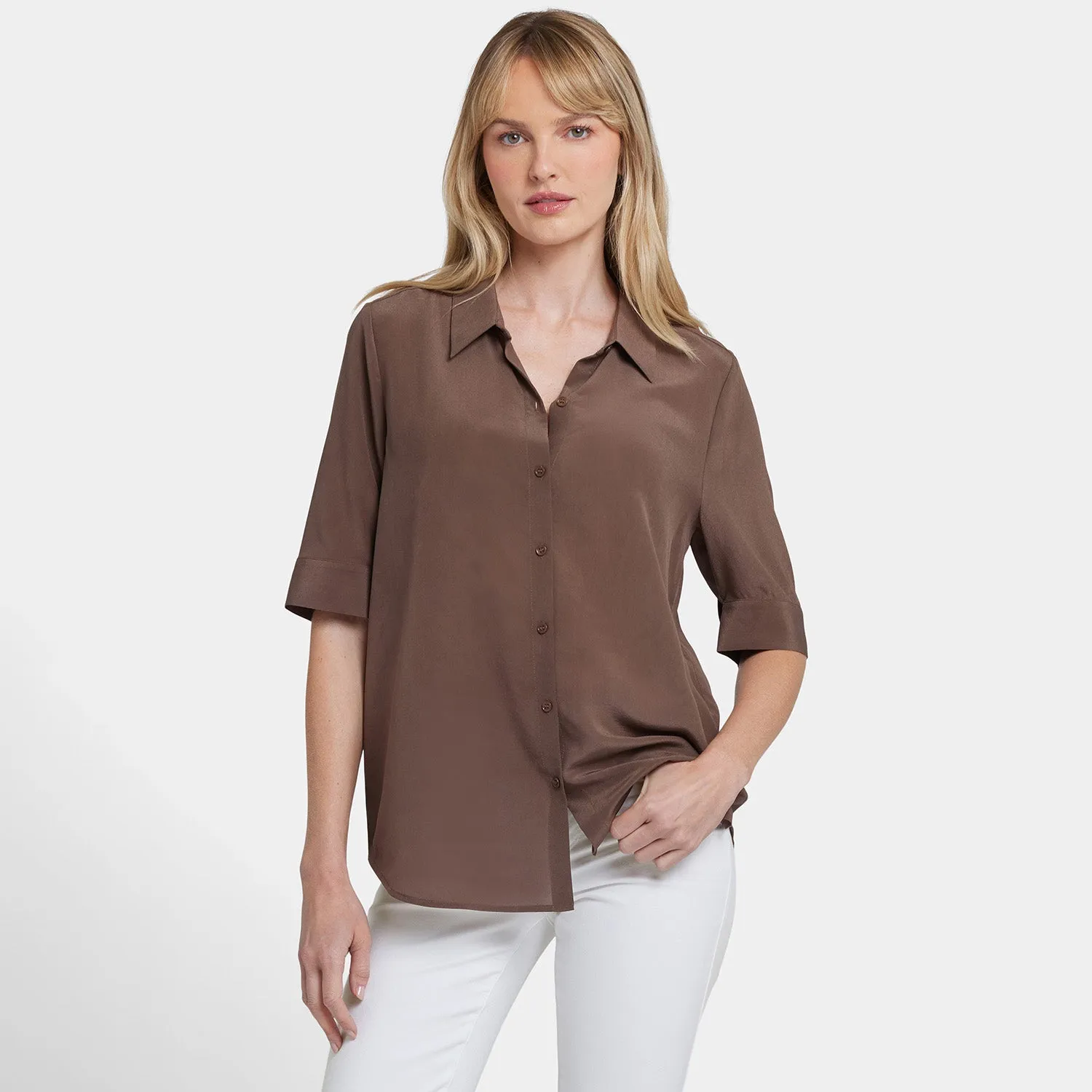 Riley Silk Elbow Sleeved Blouse - Coffee Bean