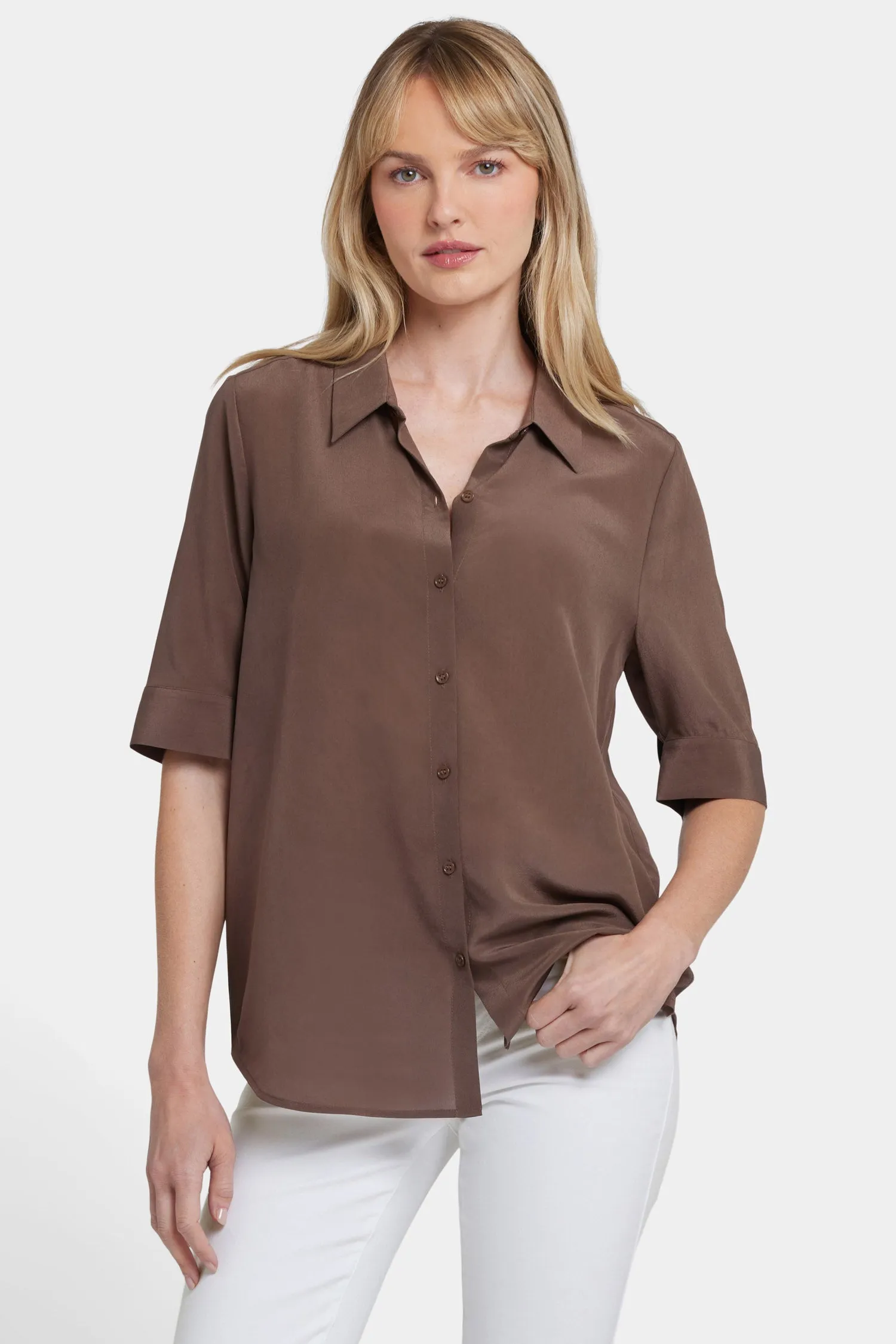 Riley Silk Elbow Sleeved Blouse - Coffee Bean