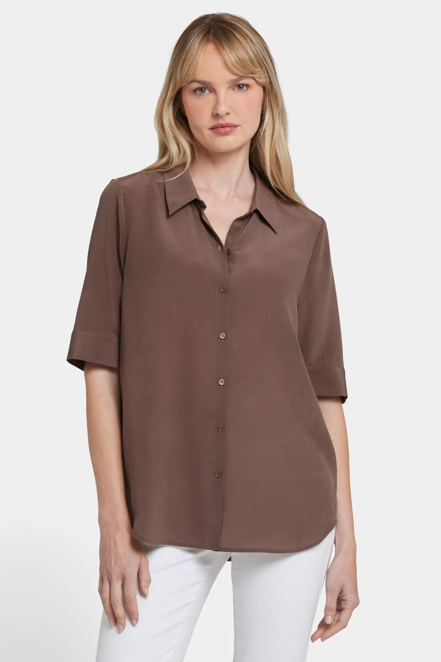 Riley Silk Elbow Sleeved Blouse - Coffee Bean