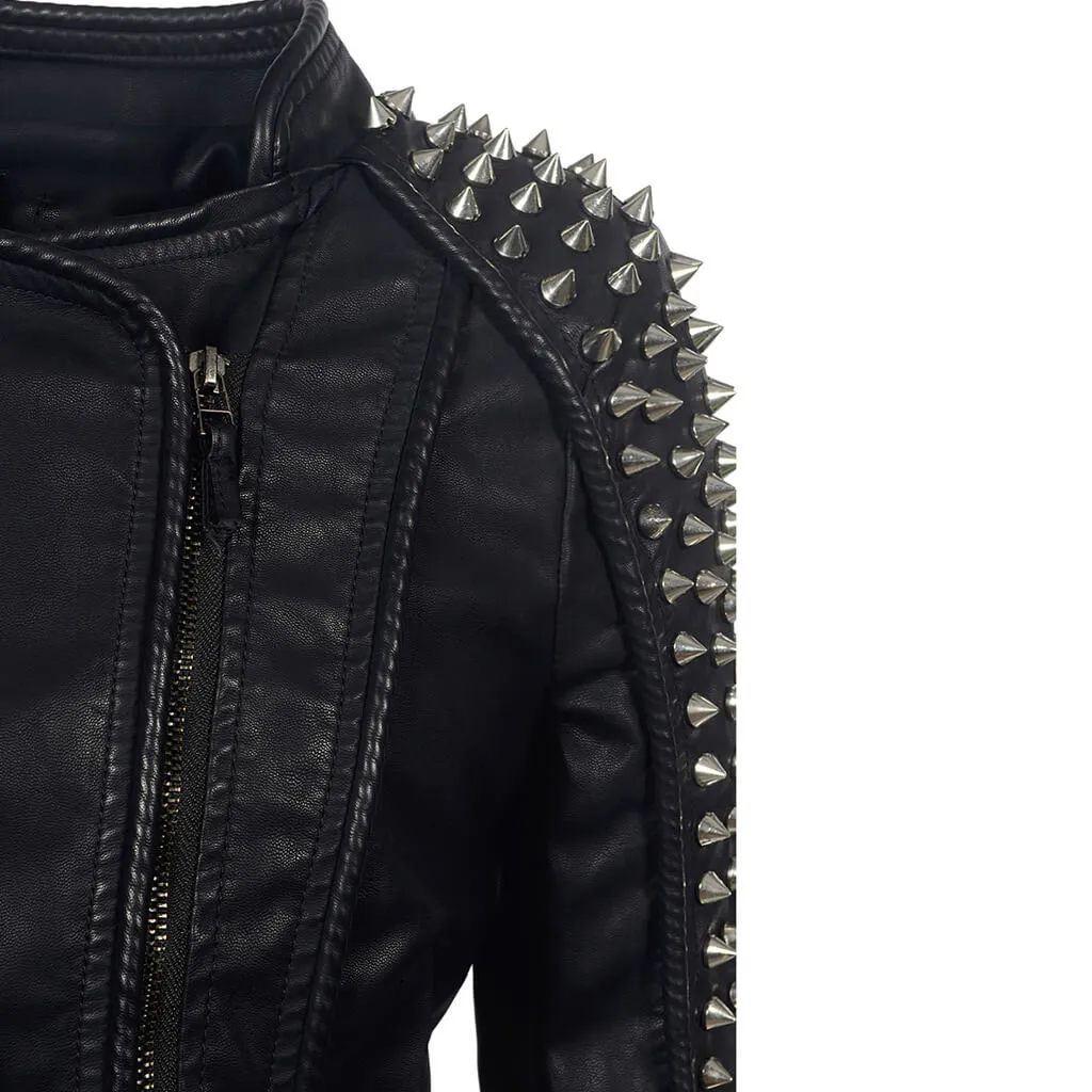 Sharp Metal Rivet High Neck Long Sleeve Zip Up Faux Leather Biker Jacket