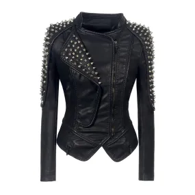 Sharp Metal Rivet High Neck Long Sleeve Zip Up Faux Leather Biker Jacket