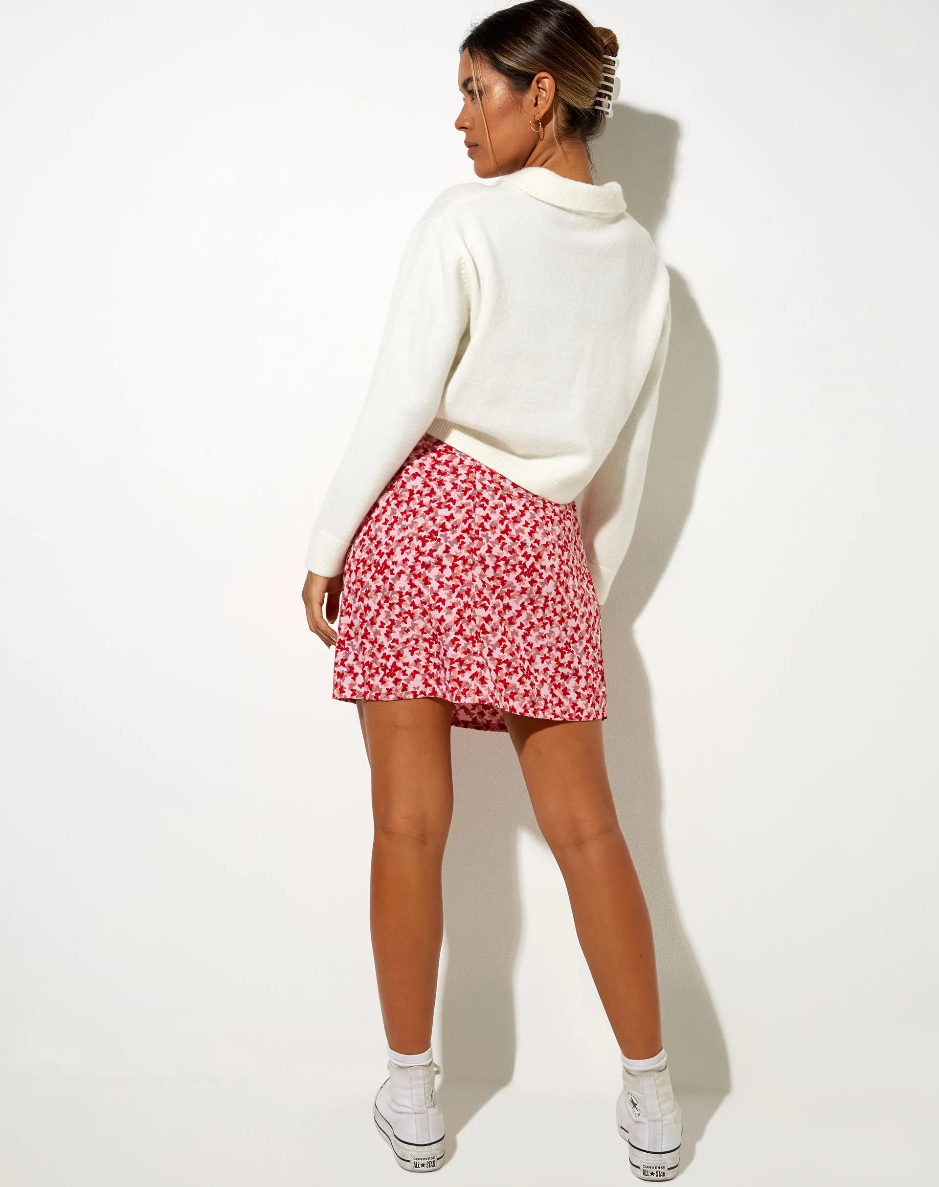 Sheny Mini Skirt in Ditsy Butterfly Peach and Red