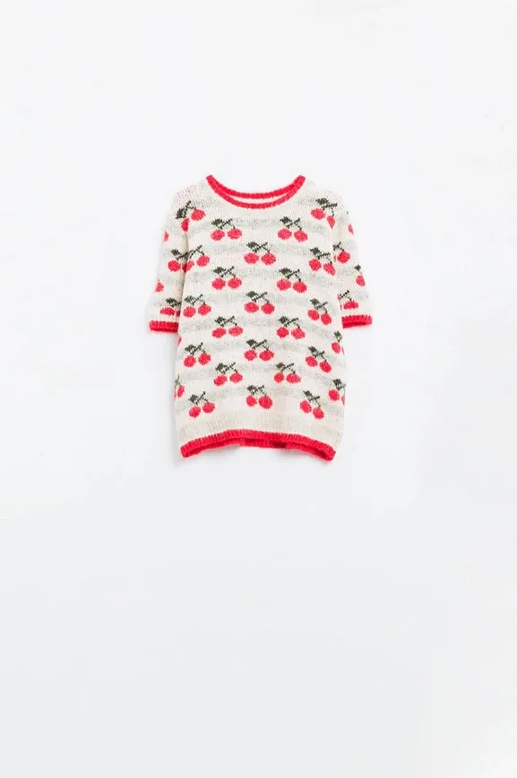 Short Sleeve Ecru Sweater with Cherry Print