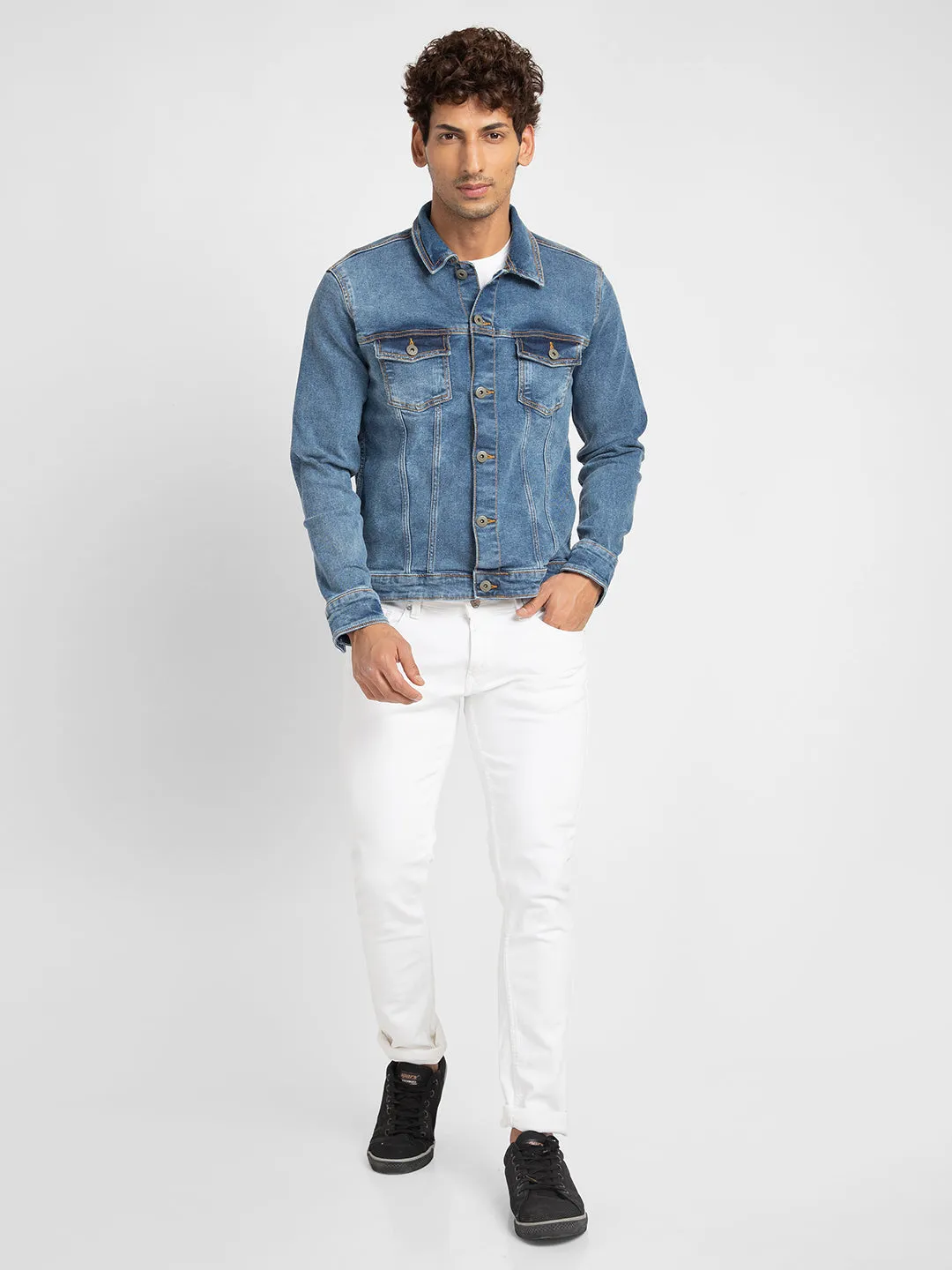 Spykar Men Mid Blue Cotton Slim Fit Denim Jacket