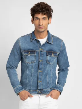 Spykar Men Mid Blue Cotton Slim Fit Denim Jacket