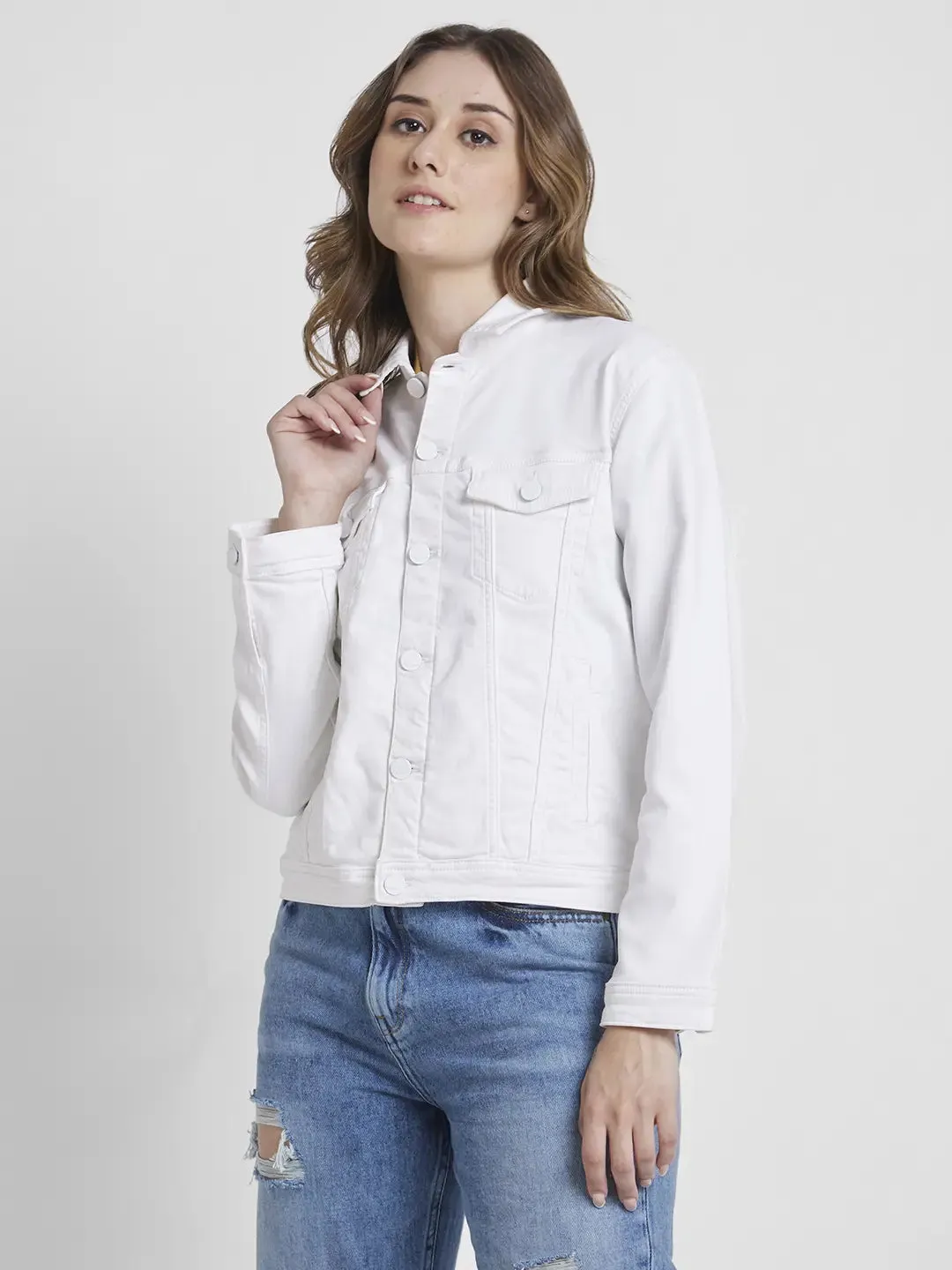 Spykar Women White Regular Fit Classic Collar Denim Jacket