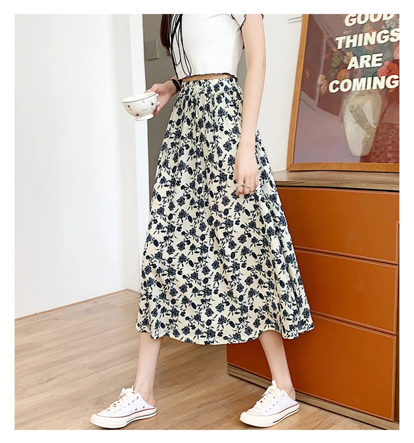 Summer Japanese Sweet Look Fresh Looking High Waist Slim Loose Personality Floral Trendy Matching Skirt ins Skirt