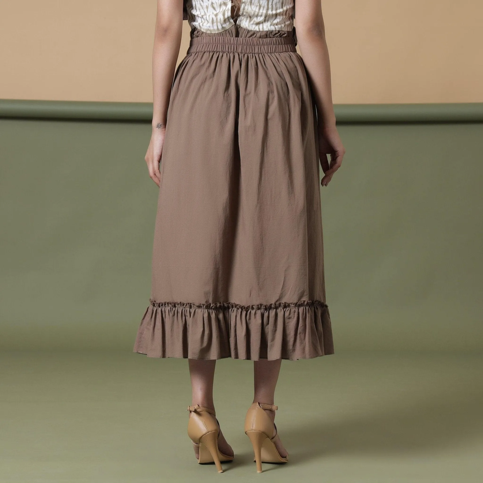 Taupe Cotton Mid-Rise Ruffled Elasticated Midi Skirt