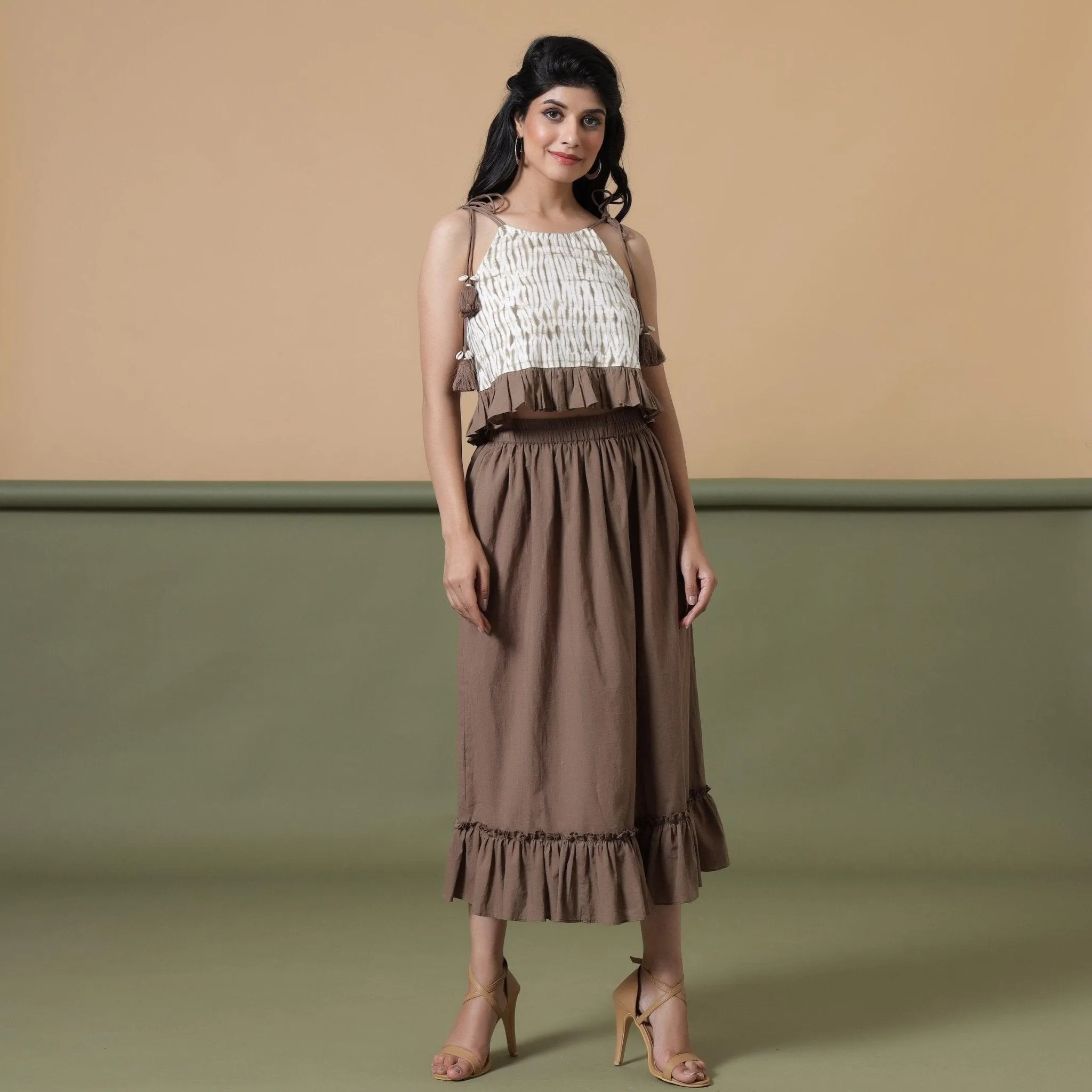 Taupe Cotton Mid-Rise Ruffled Elasticated Midi Skirt