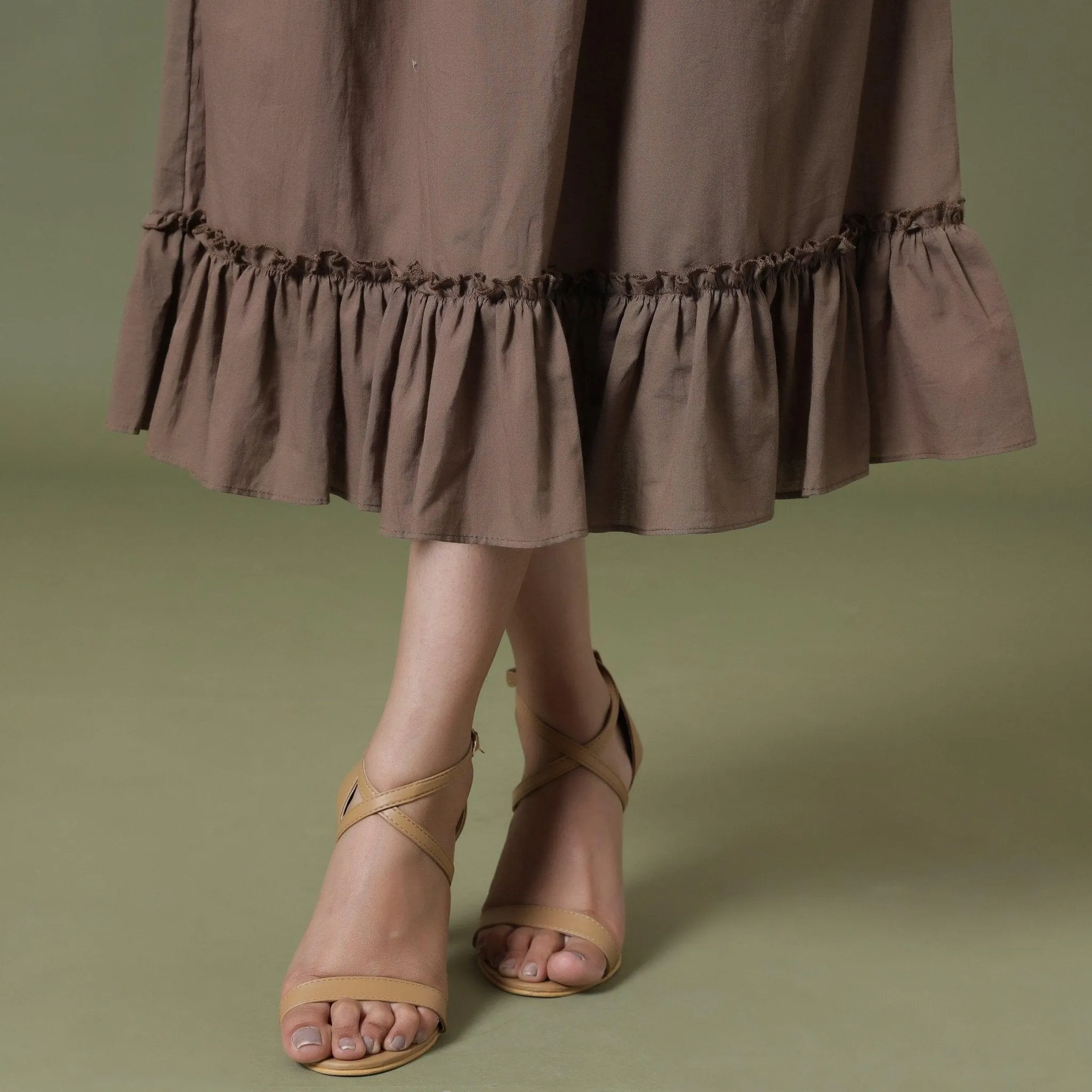 Taupe Cotton Mid-Rise Ruffled Elasticated Midi Skirt