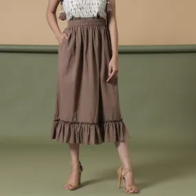 Taupe Cotton Mid-Rise Ruffled Elasticated Midi Skirt