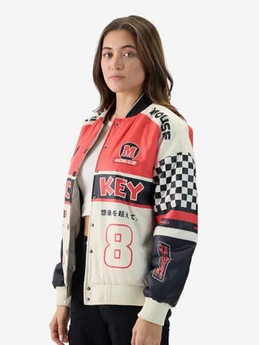 The Souled Store Official Mickey Mouse: Racing Club 28 Women and Girls Long Sleeve Button Front Graphic Print Oversized Fit Varsity Jackets