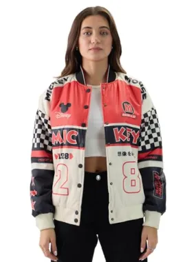 The Souled Store Official Mickey Mouse: Racing Club 28 Women and Girls Long Sleeve Button Front Graphic Print Oversized Fit Varsity Jackets