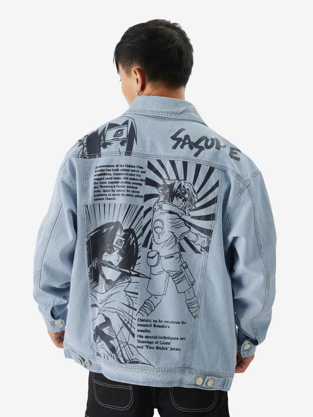 The Souled Store Official Naruto: Sasuke Men and Boys Button Front Blue Graphic Print Long Sleeve Relaxed Fit Denim Jackets Denim Jackets Winter Coats Outerwear Denim Thick Lightweight Warm Stylish