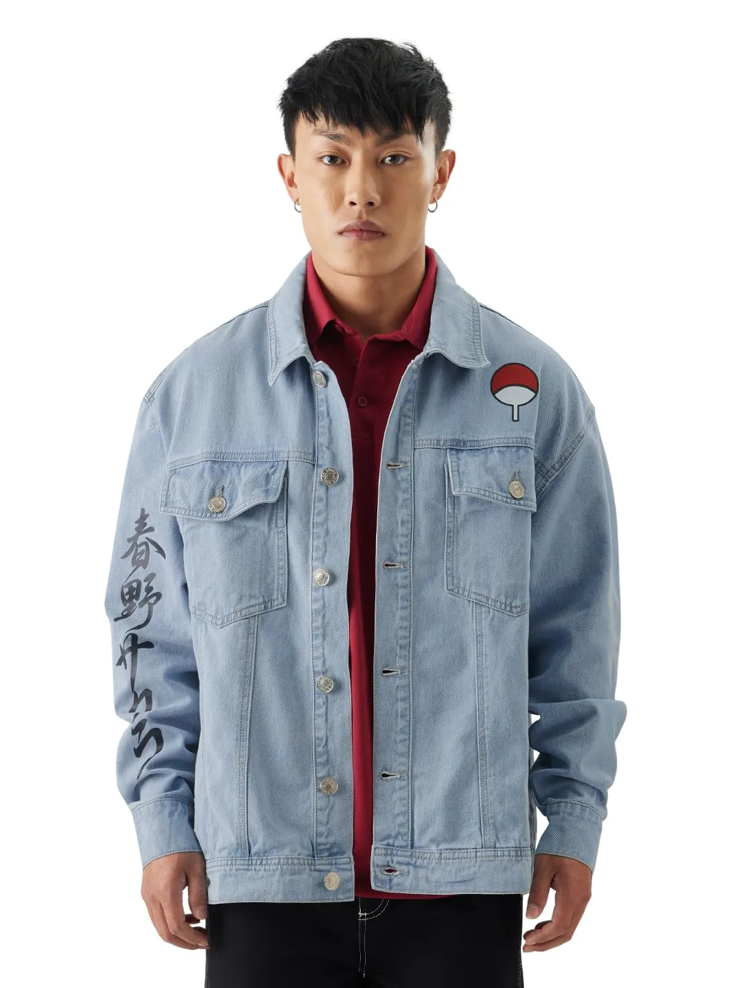 The Souled Store Official Naruto: Sasuke Men and Boys Button Front Blue Graphic Print Long Sleeve Relaxed Fit Denim Jackets Denim Jackets Winter Coats Outerwear Denim Thick Lightweight Warm Stylish