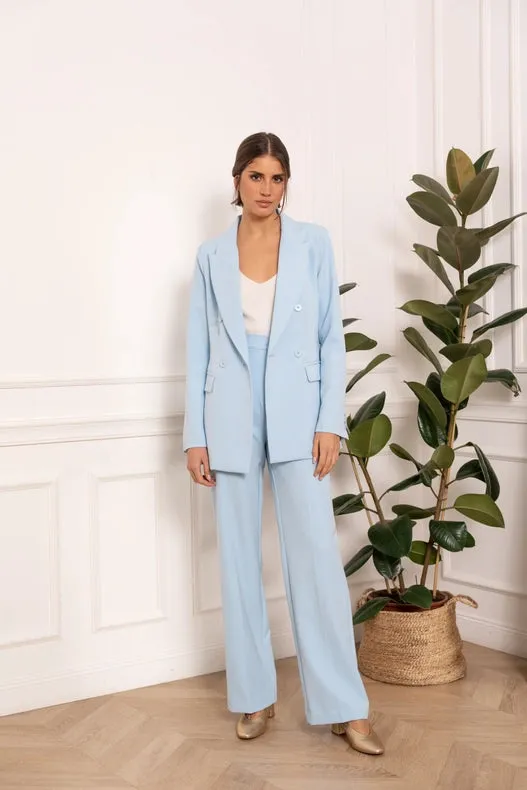 Timeless Mid-Length Double-Breasted Plain Jacket Sky Blue