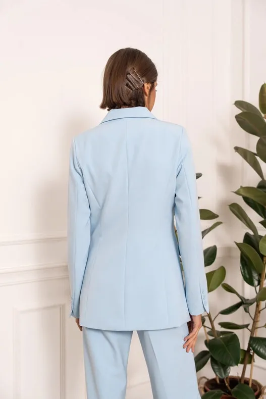 Timeless Mid-Length Double-Breasted Plain Jacket Sky Blue