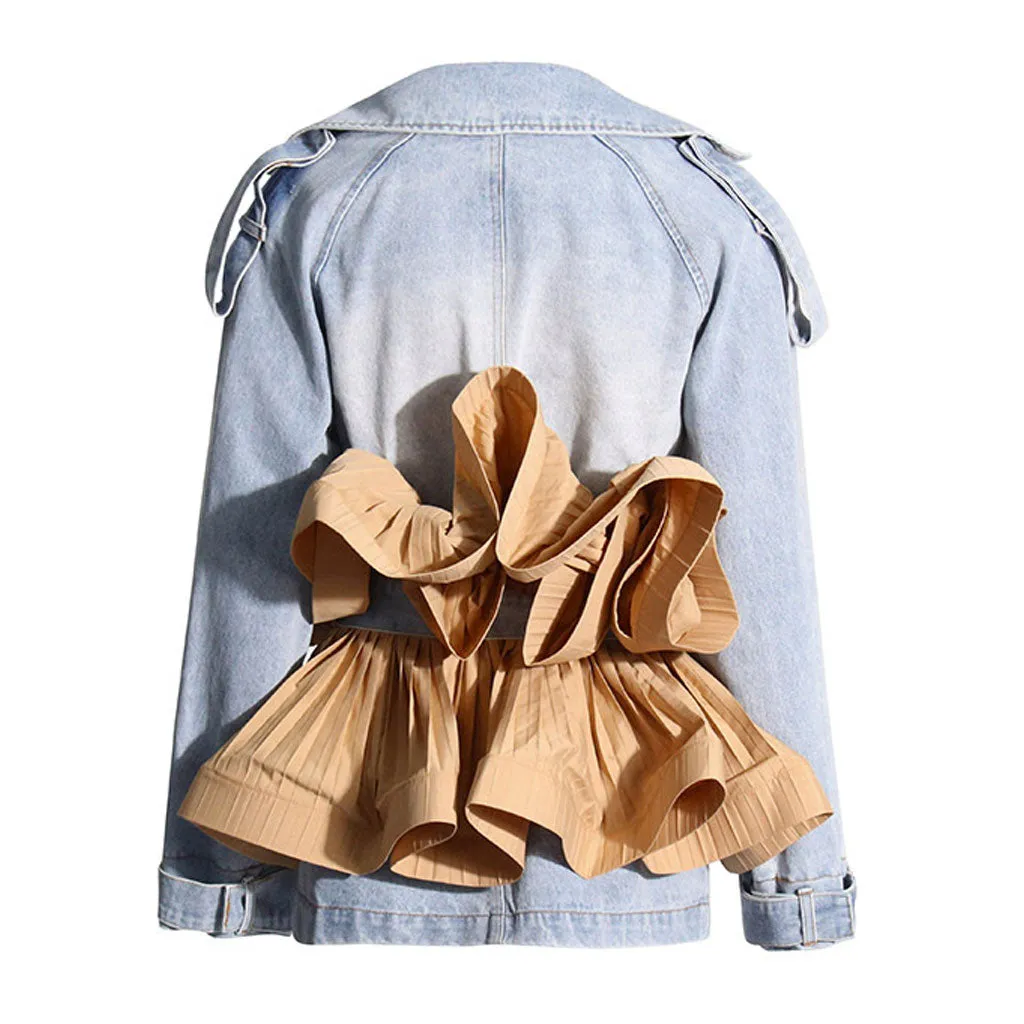 Trendy Collared Long Sleeve Bow Tie Pleated Peplum Hybrid Denim Jacket