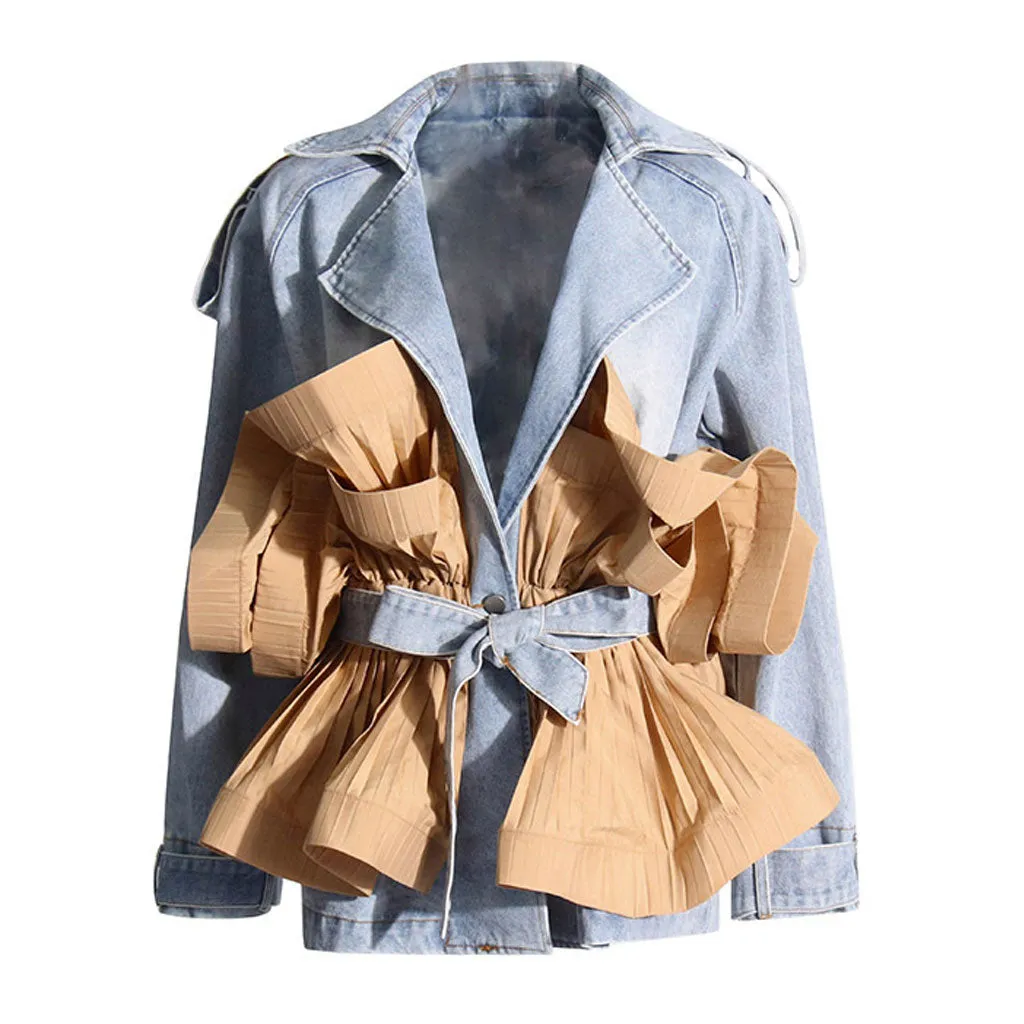 Trendy Collared Long Sleeve Bow Tie Pleated Peplum Hybrid Denim Jacket