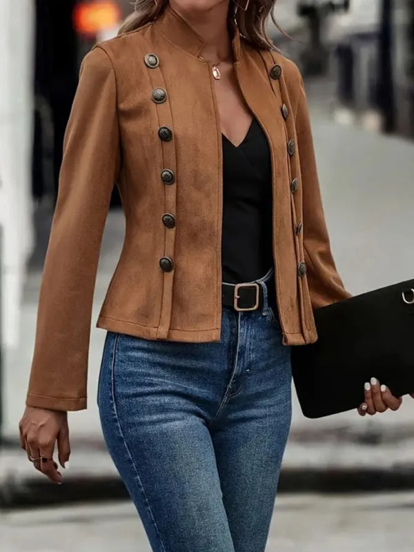 Trendy Cropped Faux Suede Jacket with Button Detail