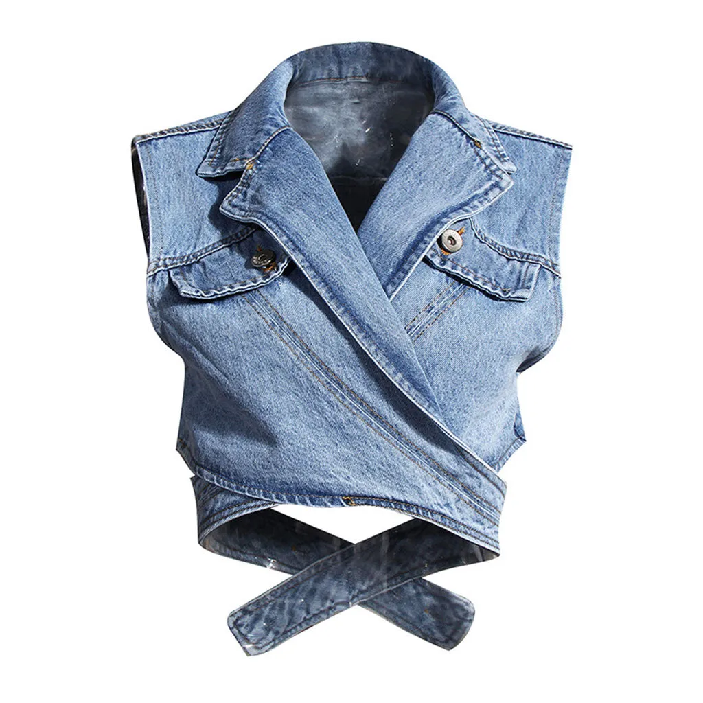 Trendy Crossover Wrap Lapel Collar Cropped Denim Vest