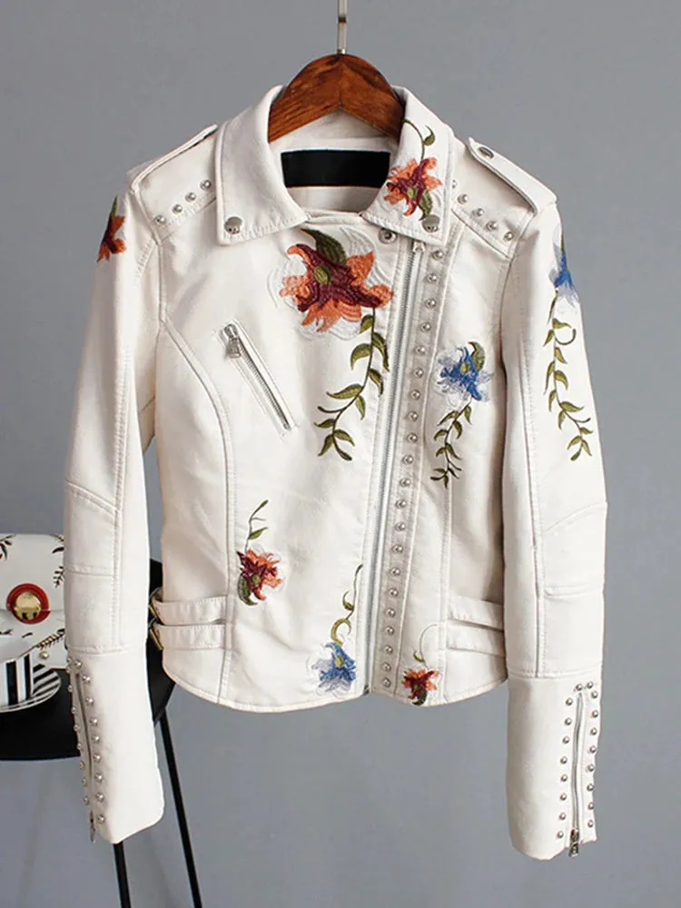 Trendy  Faux Leather Floral Print Jacket