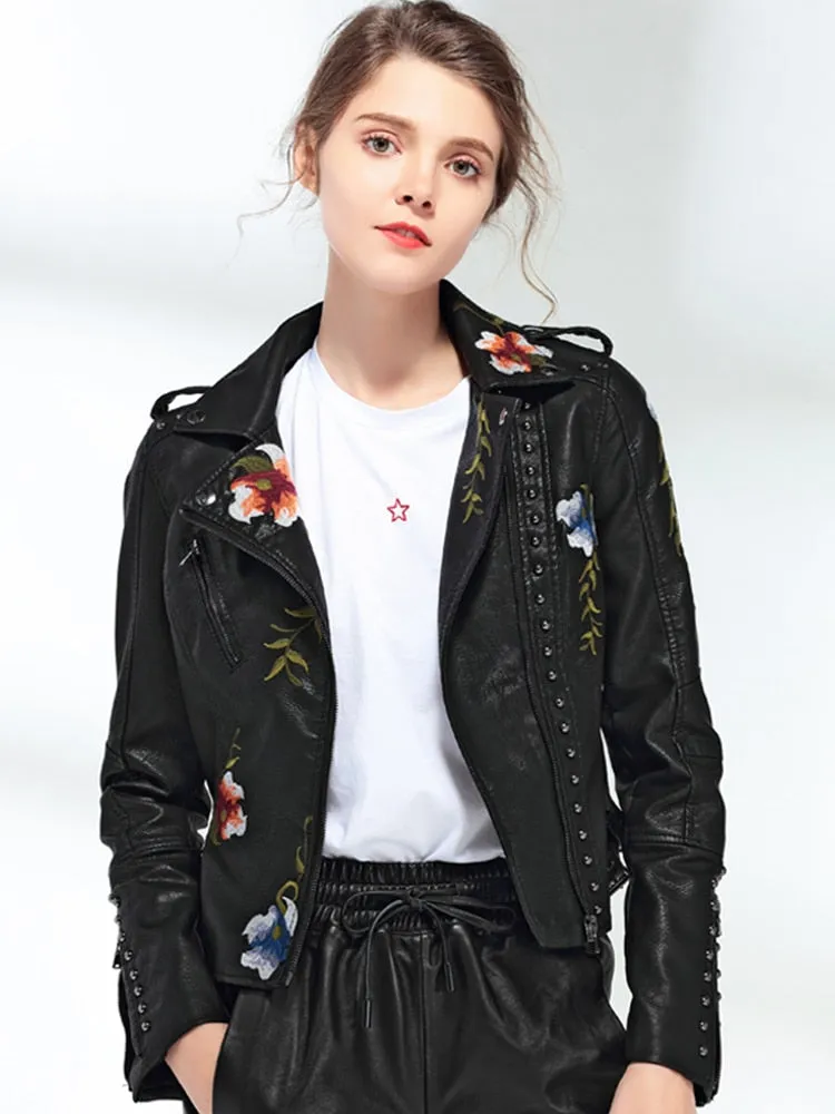 Trendy  Floral Print Faux Soft Leather Jacket