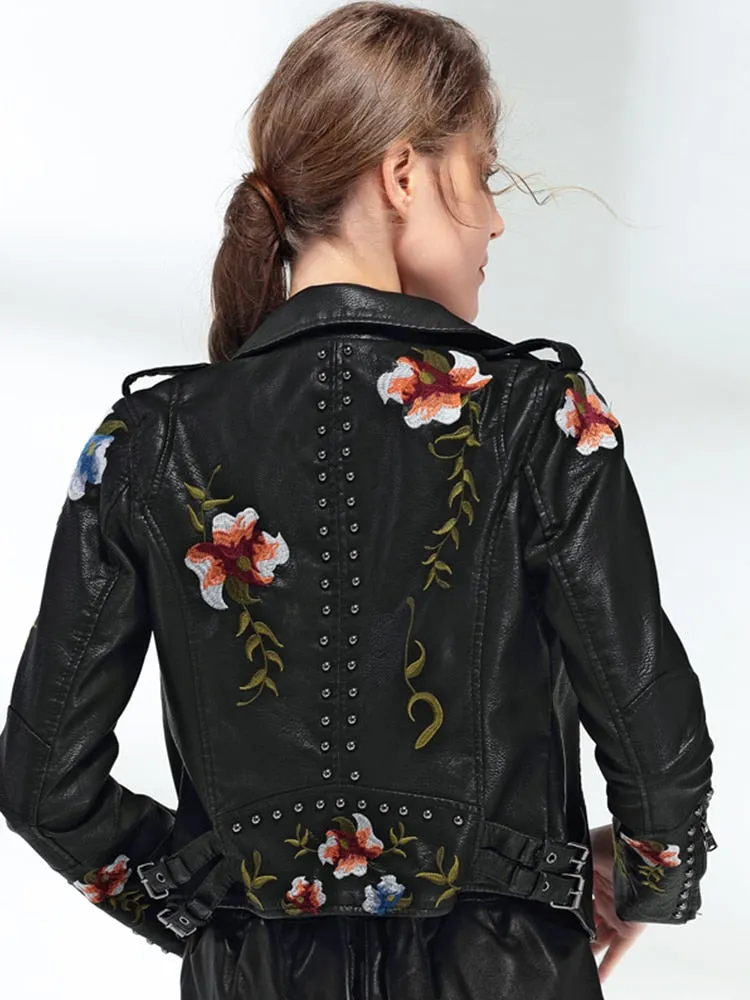 Trendy  Floral Print Faux Soft Leather Jacket