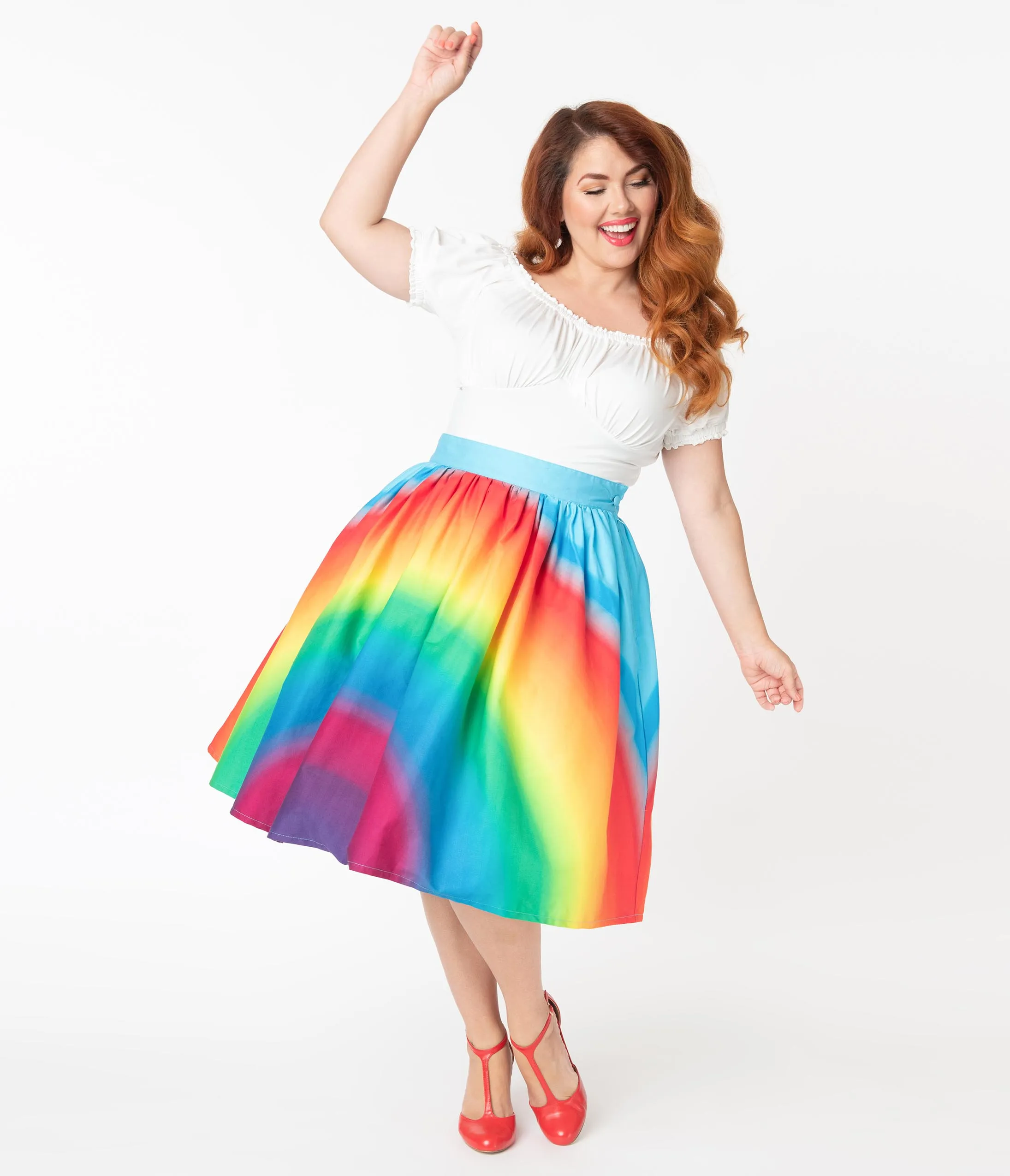 Unique Vintage Plus Size 1950s Rainbow Print Swing Skirt